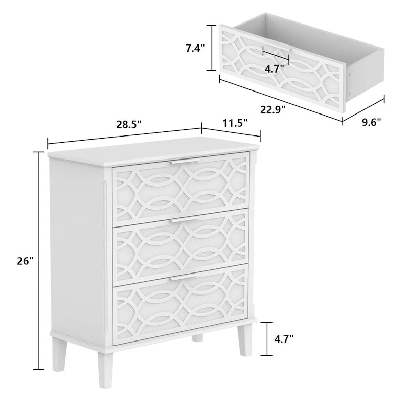 3-Drawer Mirrored Dresser Chest Nightstand in White and Gold