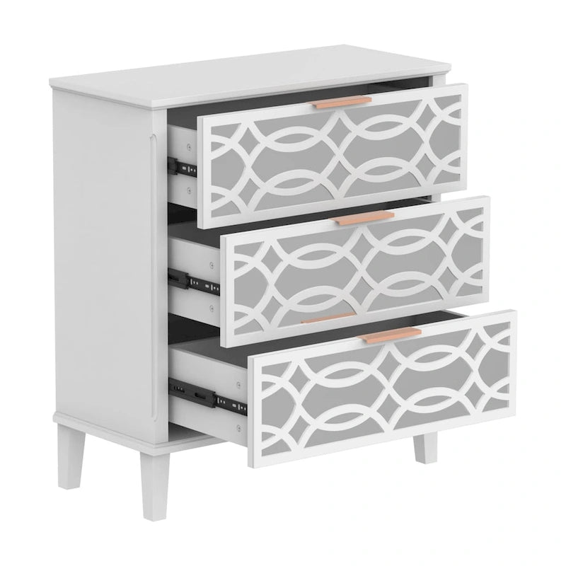 3-Drawer Mirrored Dresser Chest Nightstand in White and Gold