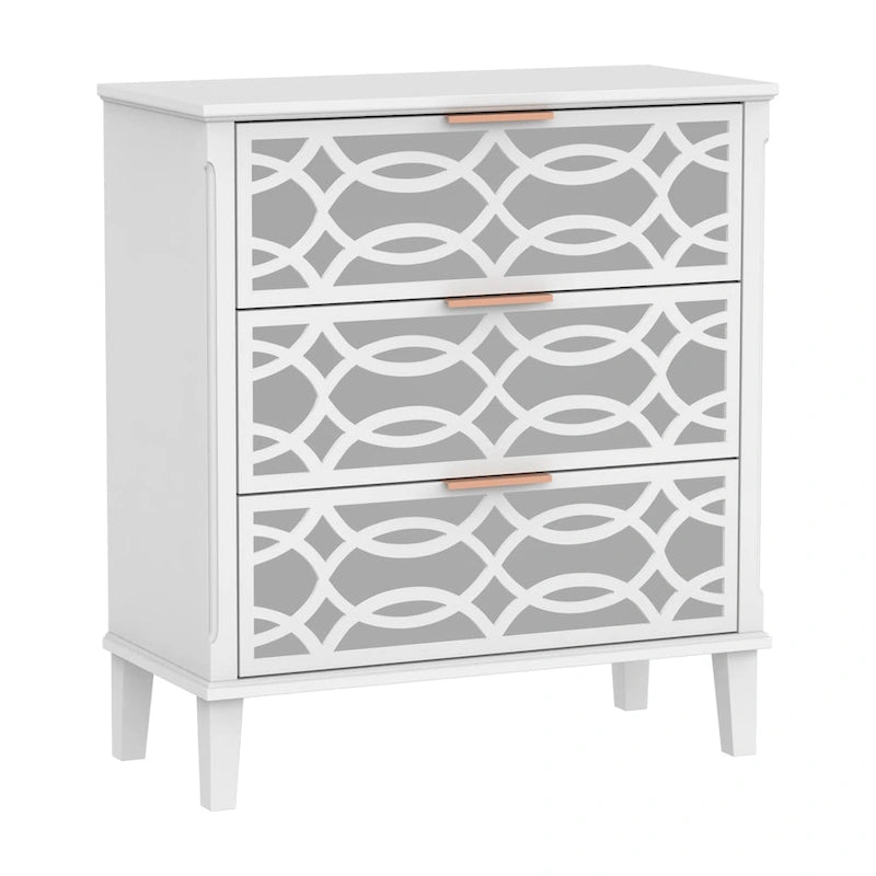 3-Drawer Mirrored Dresser Chest Nightstand in White and Gold