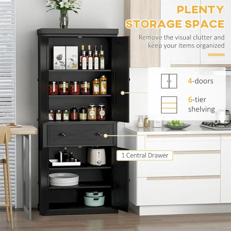 Freestanding 4-Door Kitchen Pantry Cabinet with 6 Tiers and 1 Drawer, 72.5 Inches Tall