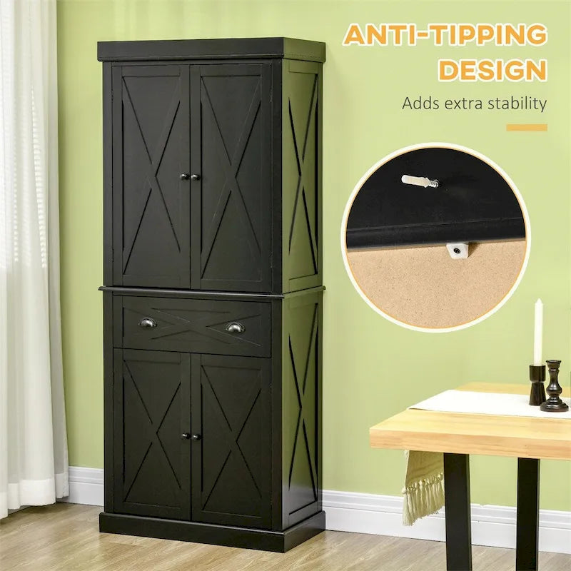 Freestanding 4-Door Kitchen Pantry Cabinet with 6 Tiers and 1 Drawer, 72.5 Inches Tall