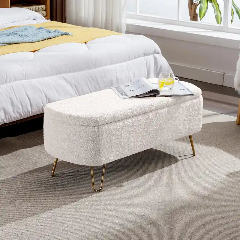 Storage Ottoman Bench for End of Bed Gold Legs, Modern Ivory White Faux Fur Entryway Bench Upholstered Padded with Storage