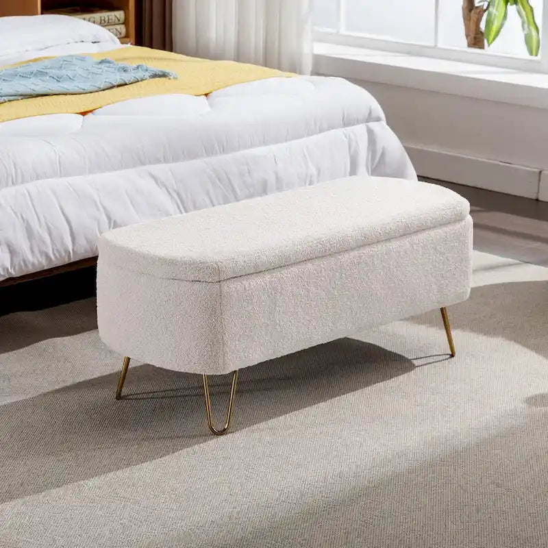Storage Ottoman Bench for End of Bed Gold Legs, Modern Ivory White Faux Fur Entryway Bench Upholstered Padded with Storage