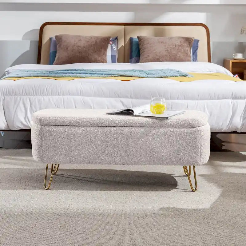 Storage Ottoman Bench for End of Bed Gold Legs, Modern Ivory White Faux Fur Entryway Bench Upholstered Padded with Storage