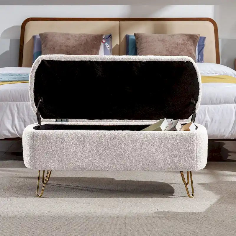 Storage Ottoman Bench for End of Bed Gold Legs, Modern Ivory White Faux Fur Entryway Bench Upholstered Padded with Storage