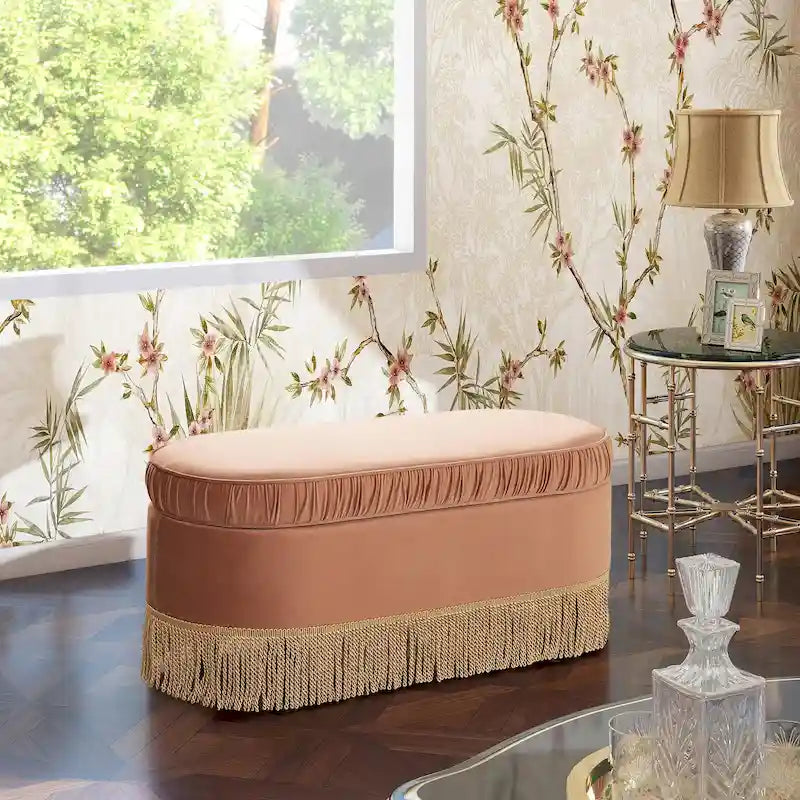 38-Inch Ruched Oval Storage Ottoman Bench with Tassel Fringe