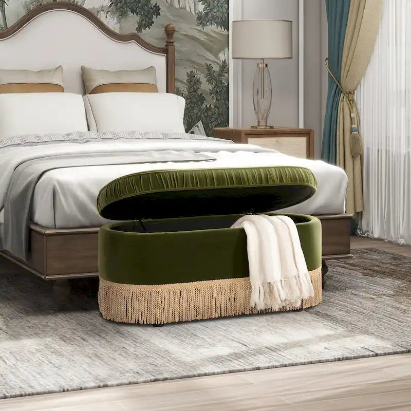 38-Inch Ruched Oval Storage Ottoman Bench with Tassel Fringe