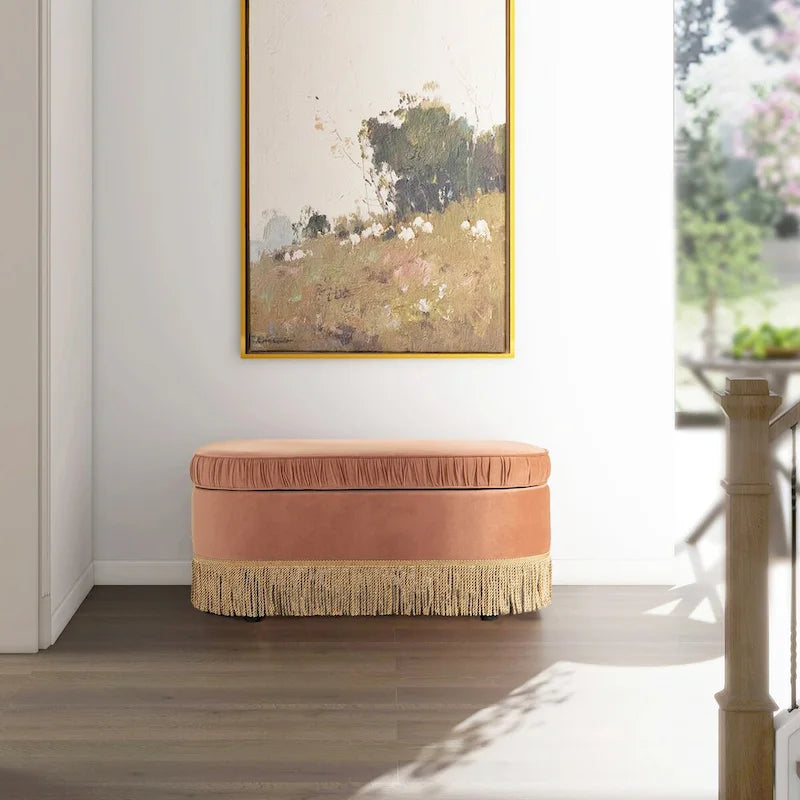 38-Inch Ruched Oval Storage Ottoman Bench with Tassel Fringe