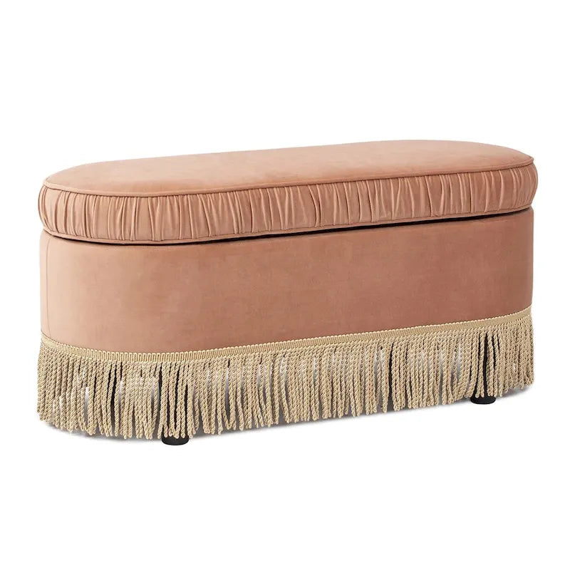 38-Inch Ruched Oval Storage Ottoman Bench with Tassel Fringe
