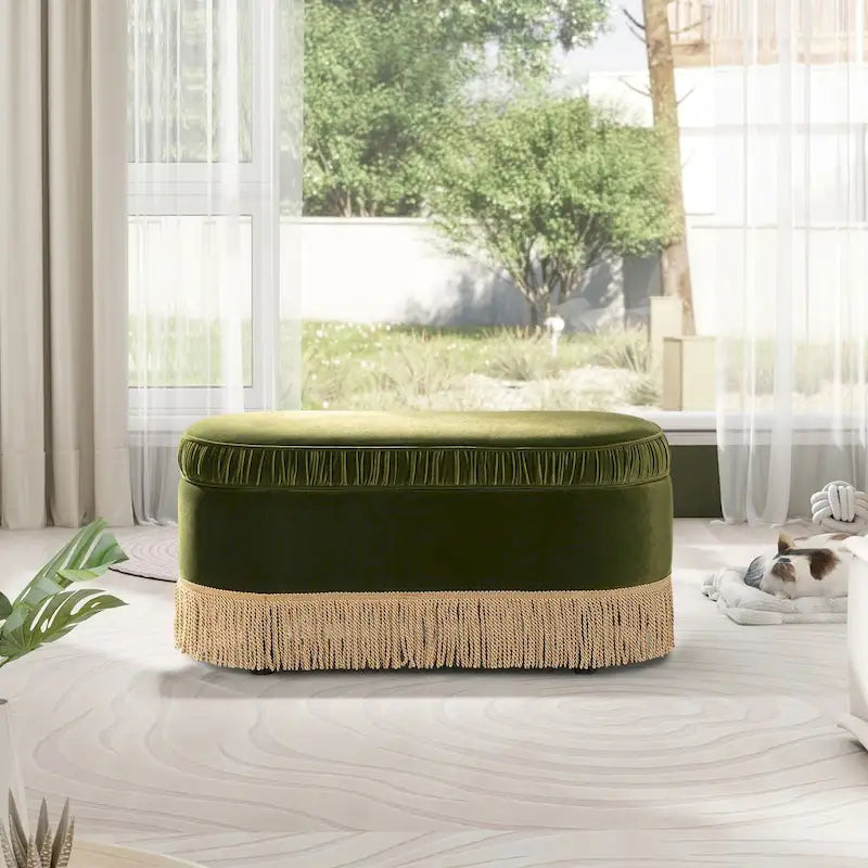 38-Inch Ruched Oval Storage Ottoman Bench with Tassel Fringe