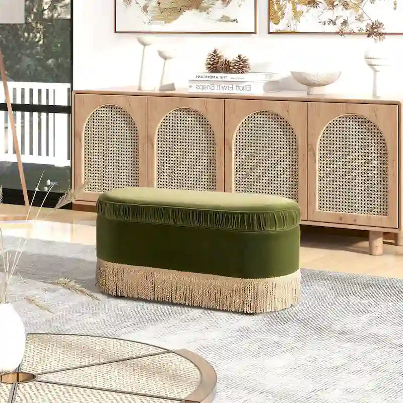 38-Inch Ruched Oval Storage Ottoman Bench with Tassel Fringe