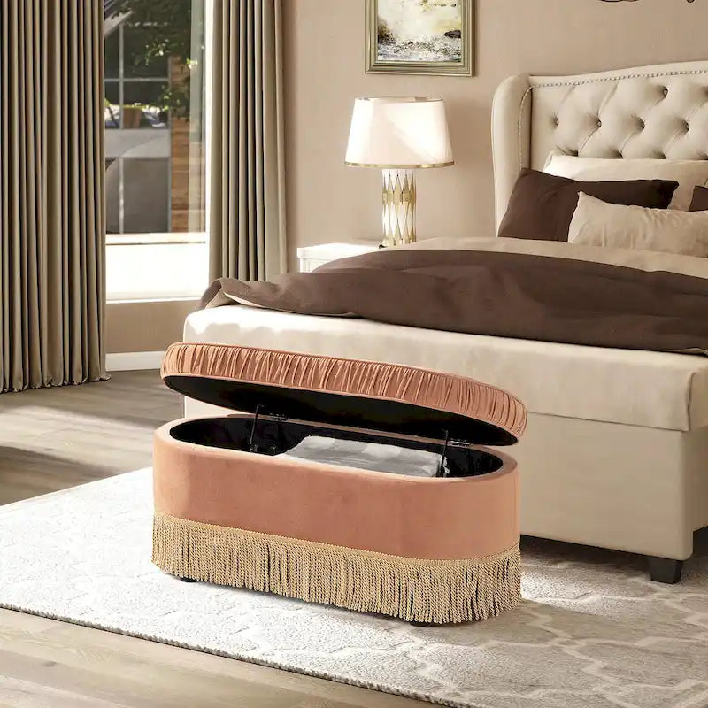 38-Inch Ruched Oval Storage Ottoman Bench with Tassel Fringe
