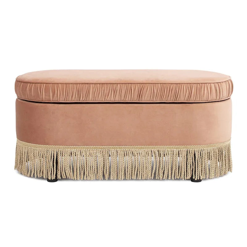 38-Inch Ruched Oval Storage Ottoman Bench with Tassel Fringe