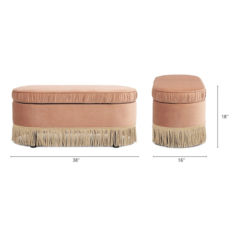 38-Inch Ruched Oval Storage Ottoman Bench with Tassel Fringe