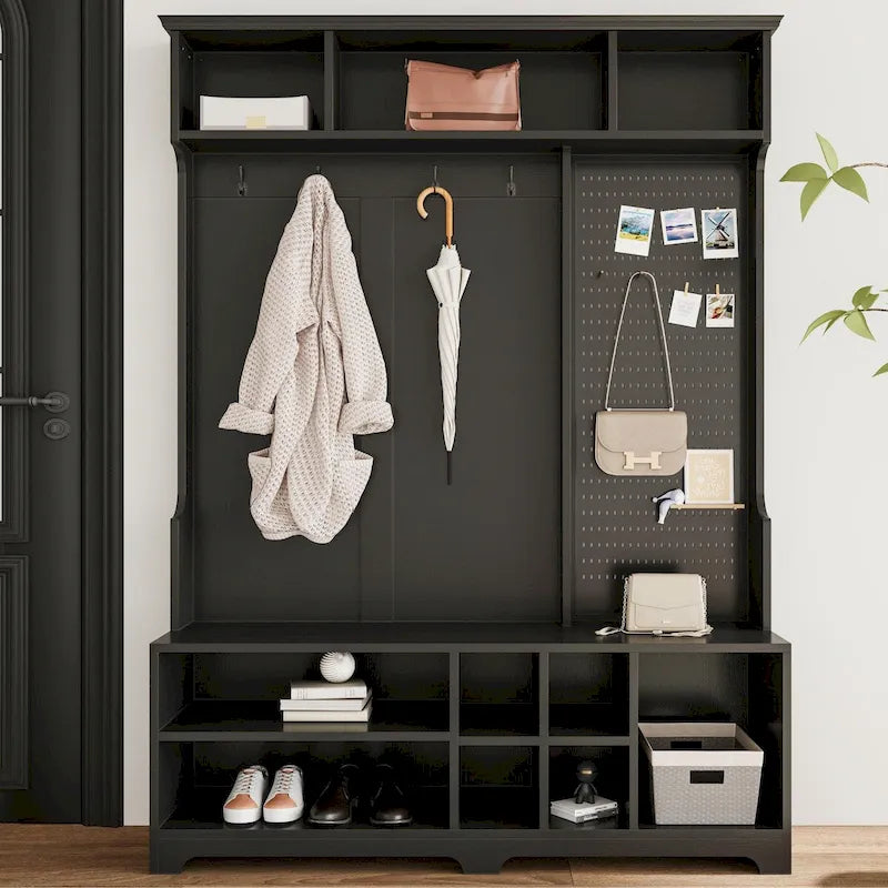 Black Hall Tree with Shoe Bench, Coat Hooks, Storage Shelves and Pegboard for Hallway