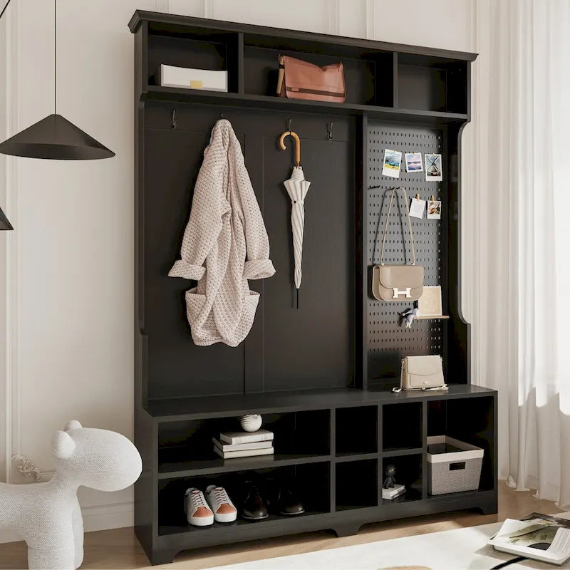 Black Hall Tree with Shoe Bench, Coat Hooks, Storage Shelves and Pegboard for Hallway