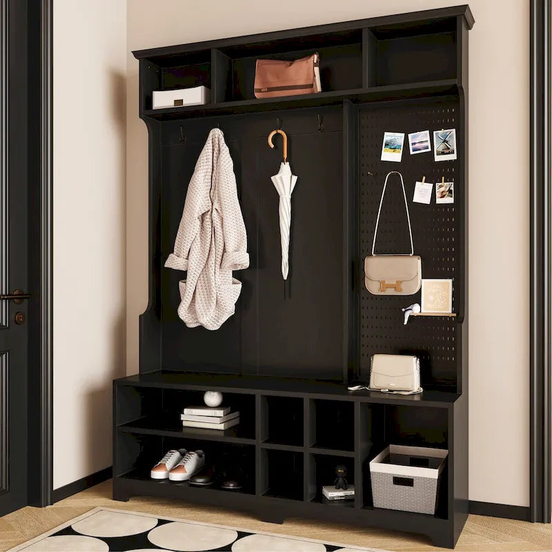 Black Hall Tree with Shoe Bench, Coat Hooks, Storage Shelves and Pegboard for Hallway