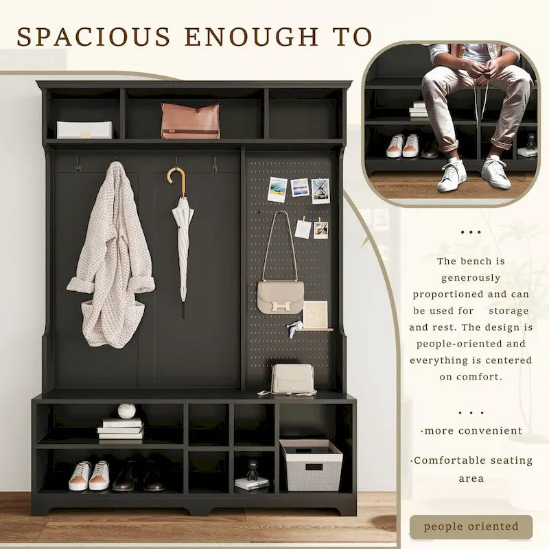 Black Hall Tree with Shoe Bench, Coat Hooks, Storage Shelves and Pegboard for Hallway
