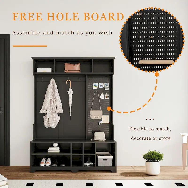 Black Hall Tree with Shoe Bench, Coat Hooks, Storage Shelves and Pegboard for Hallway
