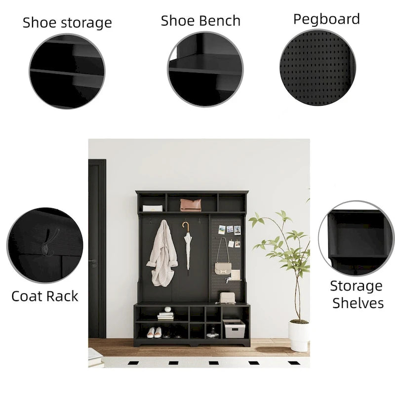 Black Hall Tree with Shoe Bench, Coat Hooks, Storage Shelves and Pegboard for Hallway