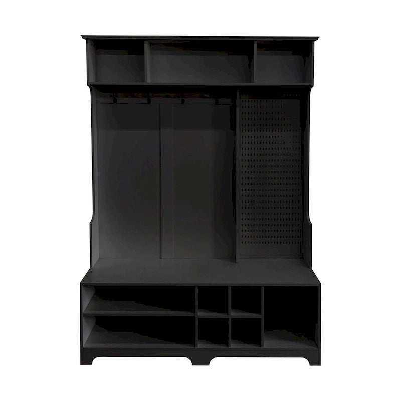 Black Hall Tree with Shoe Bench, Coat Hooks, Storage Shelves and Pegboard for Hallway