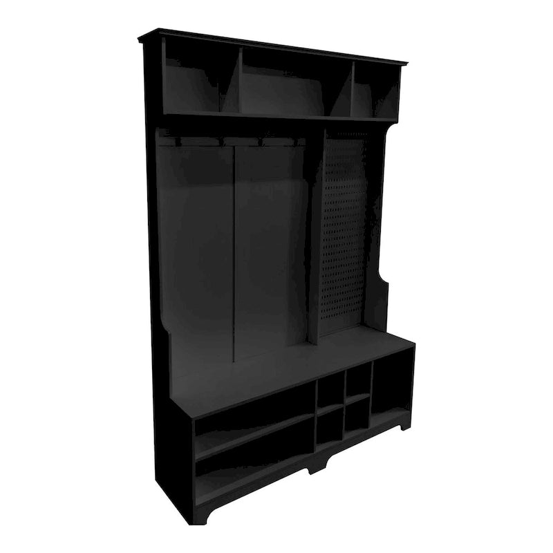 Black Hall Tree with Shoe Bench, Coat Hooks, Storage Shelves and Pegboard for Hallway