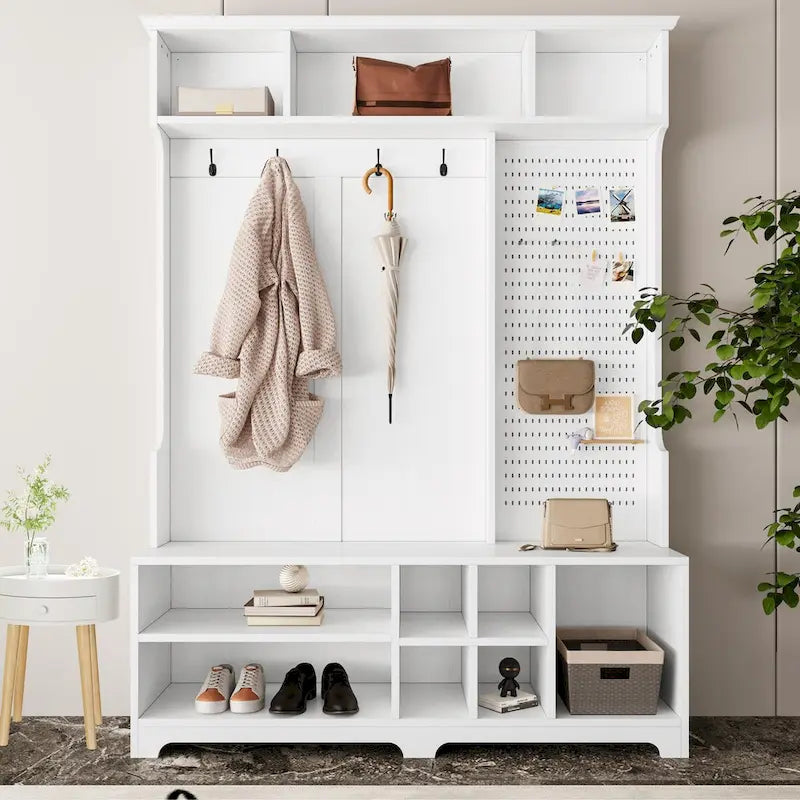 Black Hall Tree with Shoe Bench, Coat Hooks, Storage Shelves and Pegboard for Hallway