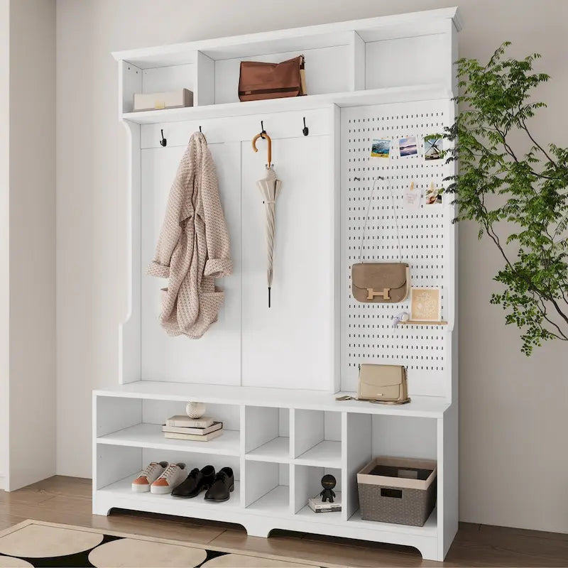Black Hall Tree with Shoe Bench, Coat Hooks, Storage Shelves and Pegboard for Hallway