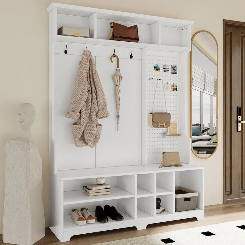 Black Hall Tree with Shoe Bench, Coat Hooks, Storage Shelves and Pegboard for Hallway