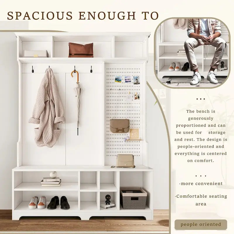 Black Hall Tree with Shoe Bench, Coat Hooks, Storage Shelves and Pegboard for Hallway