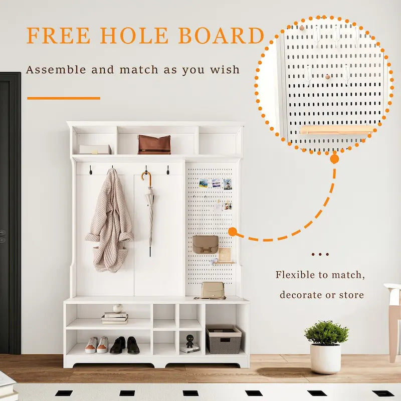 Black Hall Tree with Shoe Bench, Coat Hooks, Storage Shelves and Pegboard for Hallway