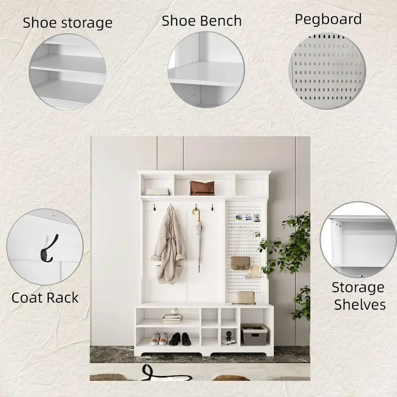 Black Hall Tree with Shoe Bench, Coat Hooks, Storage Shelves and Pegboard for Hallway