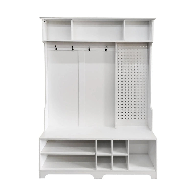 Black Hall Tree with Shoe Bench, Coat Hooks, Storage Shelves and Pegboard for Hallway