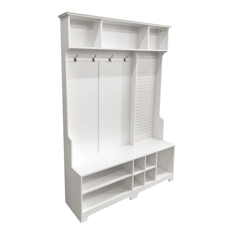 Black Hall Tree with Shoe Bench, Coat Hooks, Storage Shelves and Pegboard for Hallway