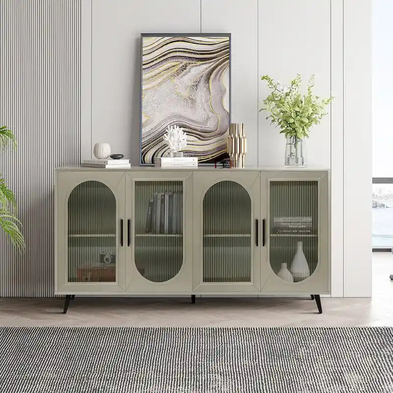 TV Stand for 65+ Inch Television with Glass Door Storage Cabinet and Adjustable Shelves