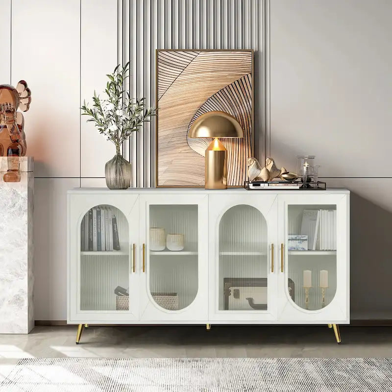 TV Stand for 65+ Inch Television with Glass Door Storage Cabinet and Adjustable Shelves