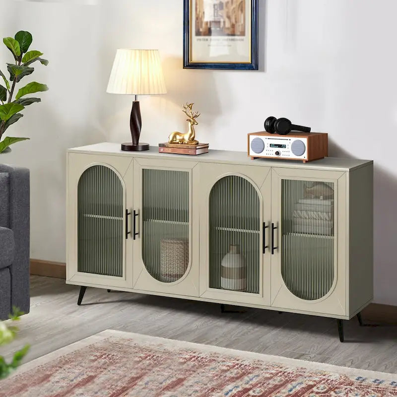 TV Stand for 65+ Inch Television with Glass Door Storage Cabinet and Adjustable Shelves