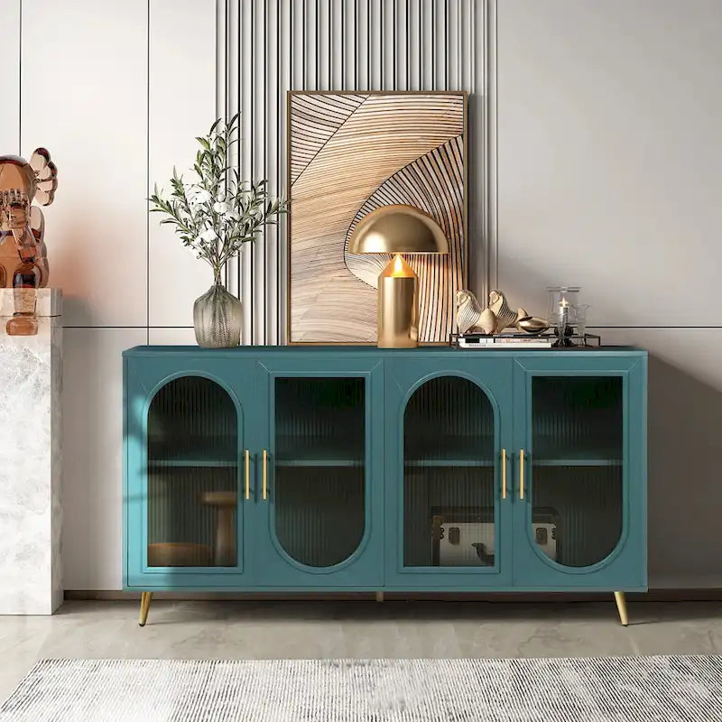 TV Stand for 65+ Inch Television with Glass Door Storage Cabinet and Adjustable Shelves