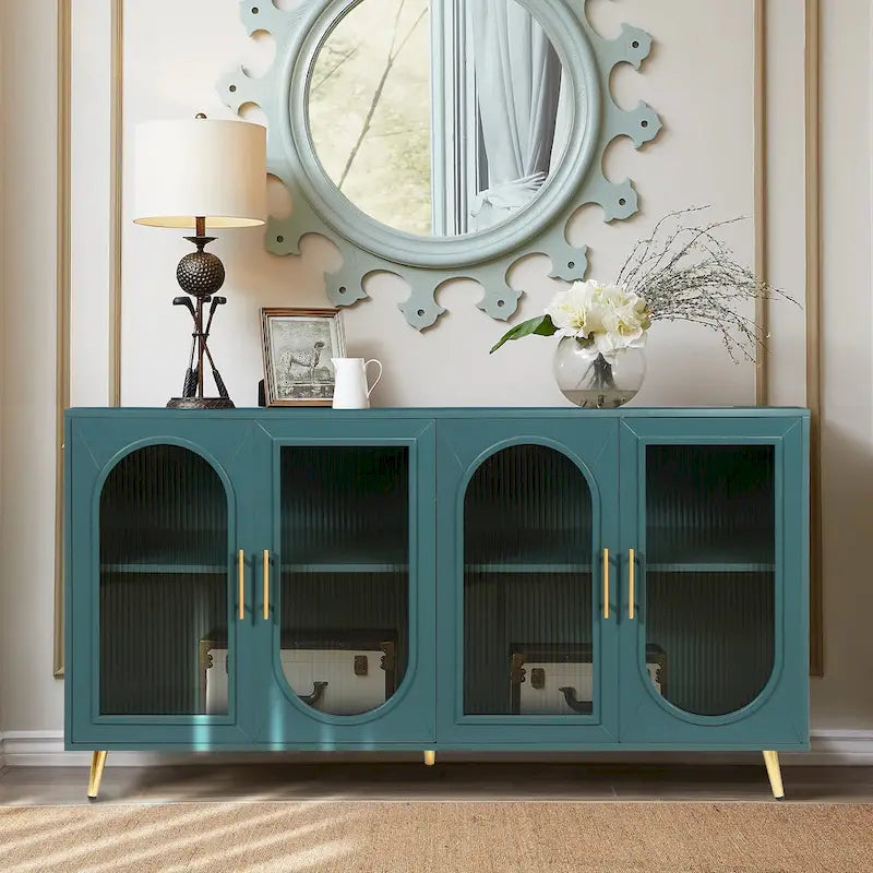 TV Stand for 65+ Inch Television with Glass Door Storage Cabinet and Adjustable Shelves