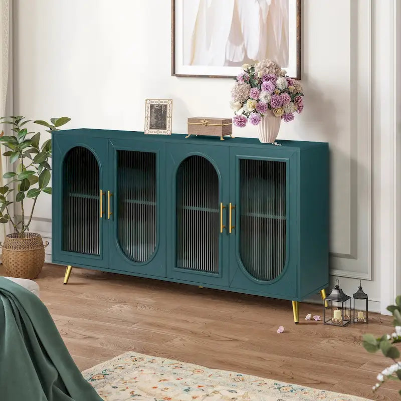 TV Stand for 65+ Inch Television with Glass Door Storage Cabinet and Adjustable Shelves