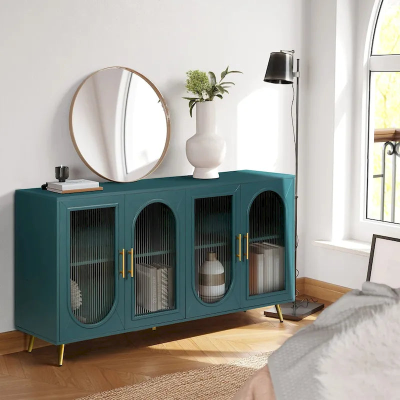 TV Stand for 65+ Inch Television with Glass Door Storage Cabinet and Adjustable Shelves