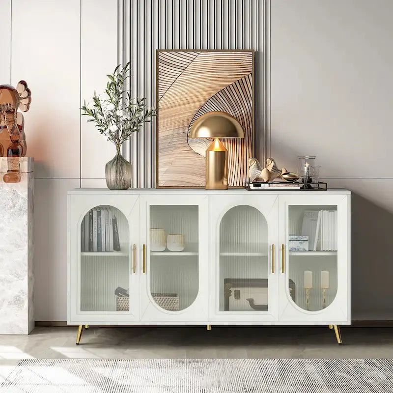 TV Stand for 65+ Inch Television with Glass Door Storage Cabinet and Adjustable Shelves