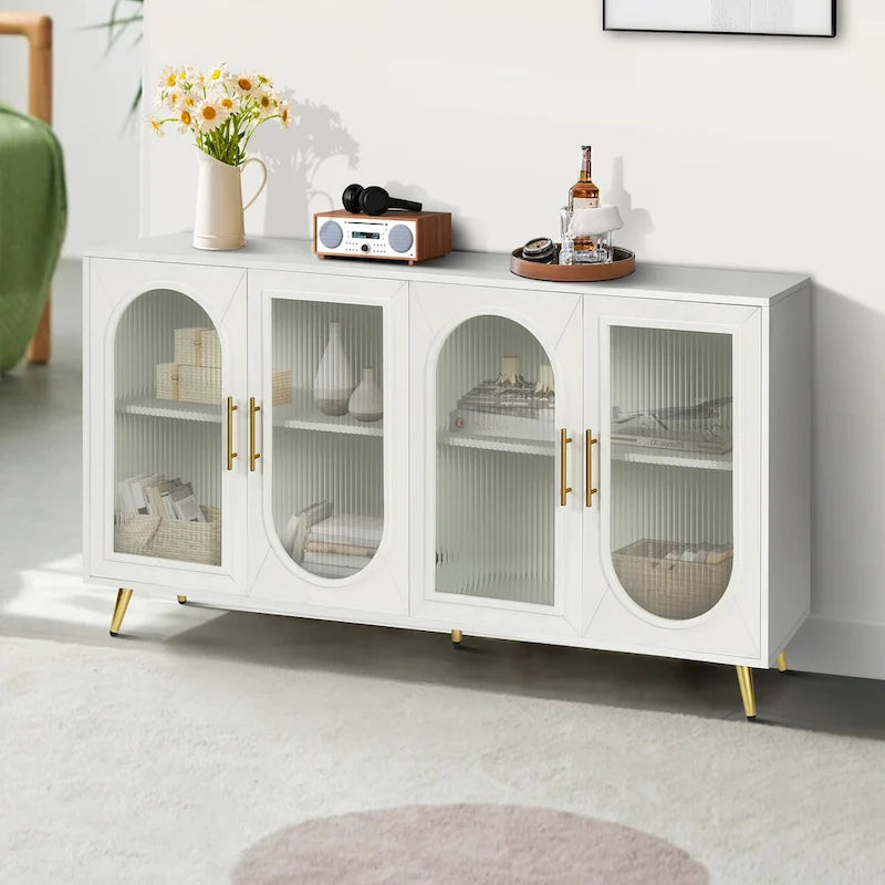 TV Stand for 65+ Inch Television with Glass Door Storage Cabinet and Adjustable Shelves