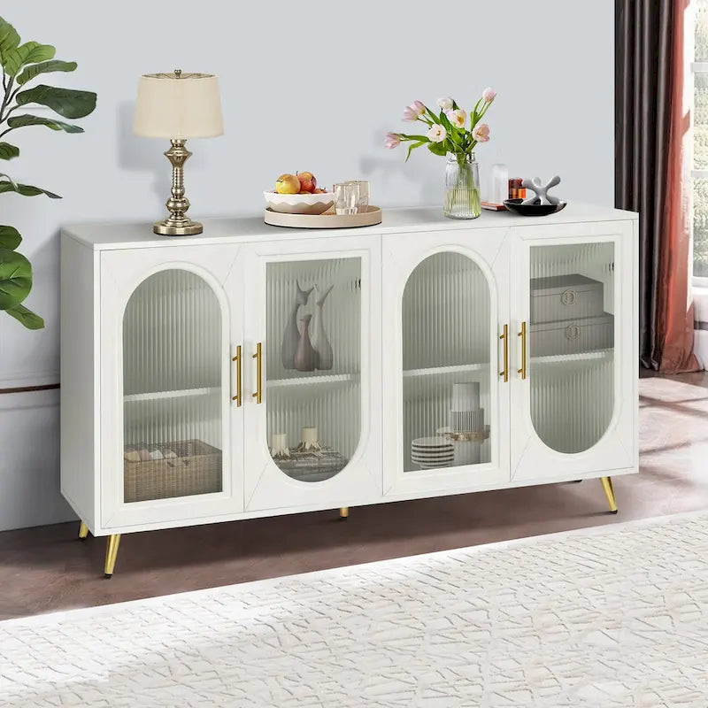 TV Stand for 65+ Inch Television with Glass Door Storage Cabinet and Adjustable Shelves
