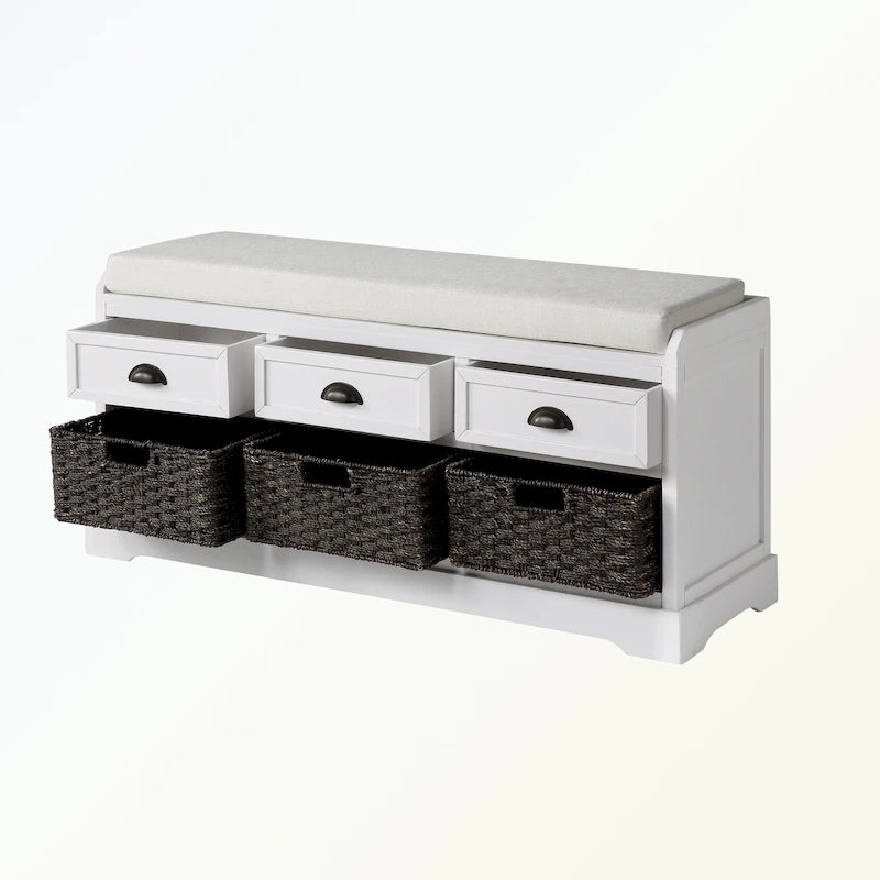 Wood Storage Bench with 3 Drawers and 3 Baskets