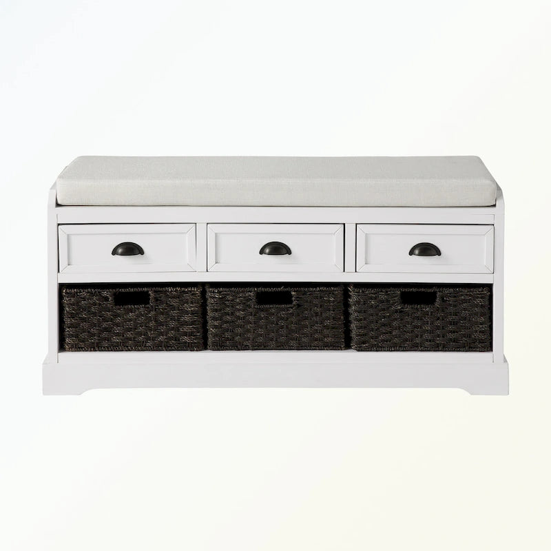 Wood Storage Bench with 3 Drawers and 3 Baskets