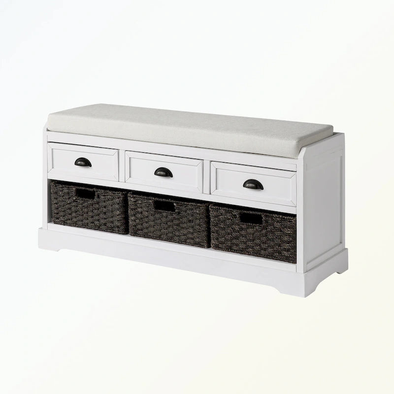 Wood Storage Bench with 3 Drawers and 3 Baskets