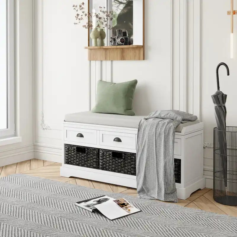 Wood Storage Bench with 3 Drawers and 3 Baskets