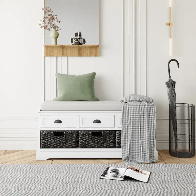 Wood Storage Bench with 3 Drawers and 3 Baskets