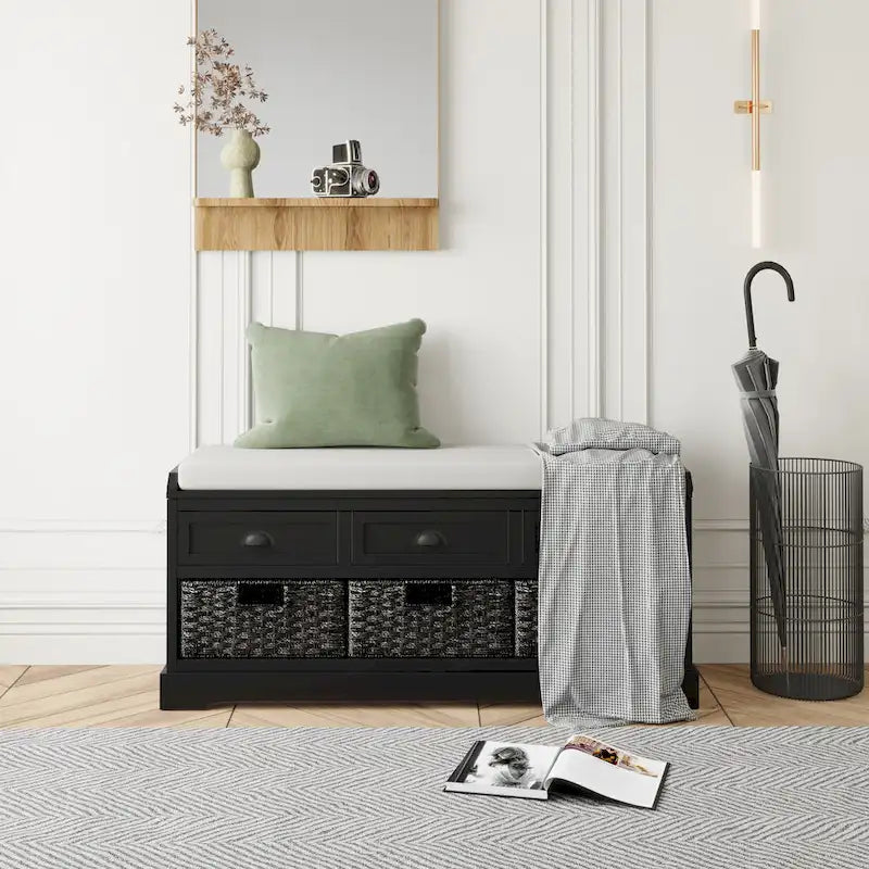 Wood Storage Bench with 3 Drawers and 3 Baskets